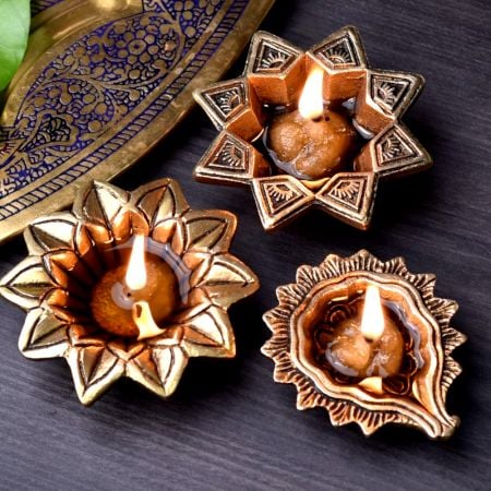 Classical Golden Brass Flower Shape Diwali Diya For Mandir Decoration Pack of 3